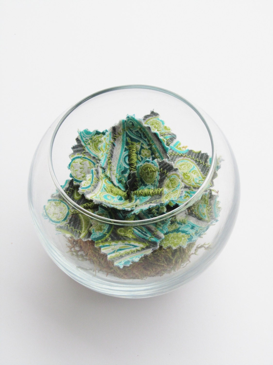 Fabric Leaf Plant Glass Terrarium - Purple Green Blue Paisley Succulent Valentines Day Gift Idea