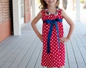 Salute to the Red, White and Blue .. Patriotic Dress .. Red and White Dot with Choice of Ribbon Color