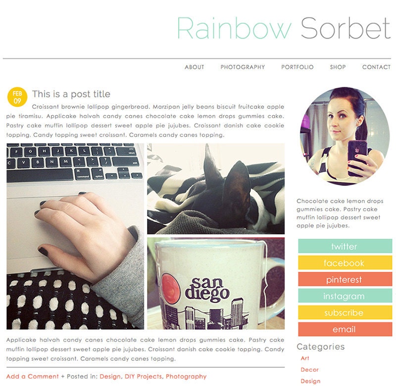 Self-Hosted Wordpress Premade Blog Theme: Rainbow Sorbet minimalist, teal, yellow, peach, coral, turquoise, gold, icons, template