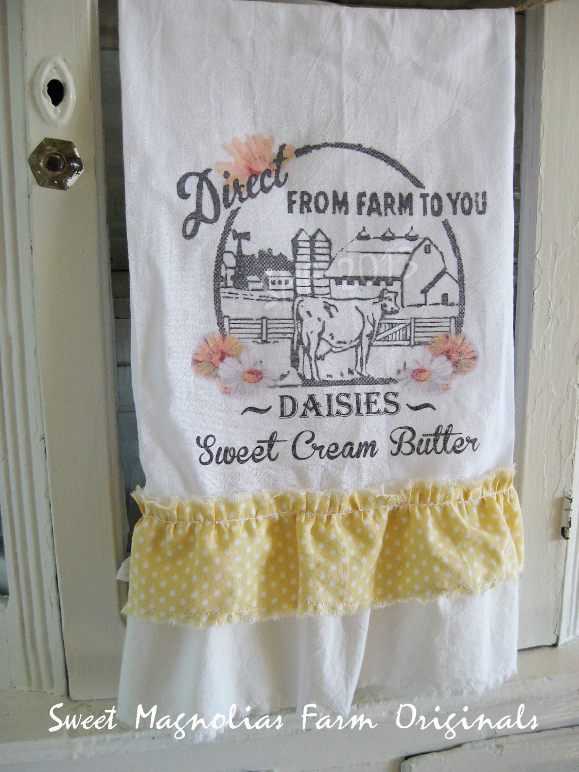Flour Sack Kitchen Towel... Farmhouse Tea Cow Ruffle Cottage Dairy Farm Style Country Chic "Daisies Sweet Cream Butter"