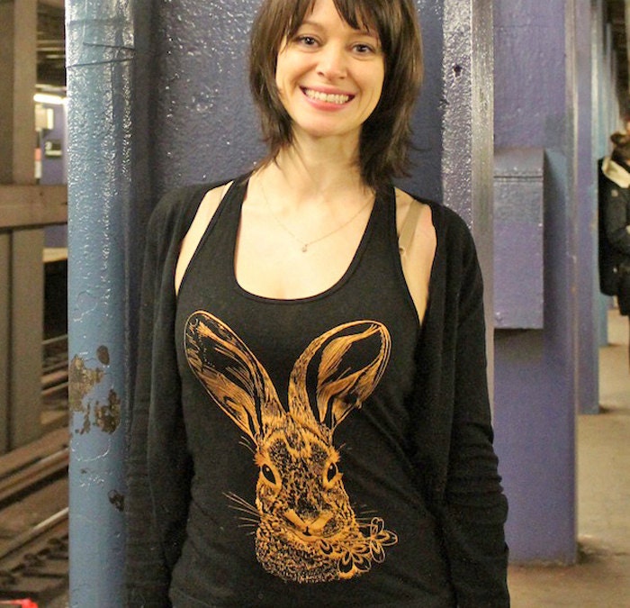 Brush Rabbit tank top - eco-friendly copper ink screenprint on black cotton racerback - womens sizes S, M, L