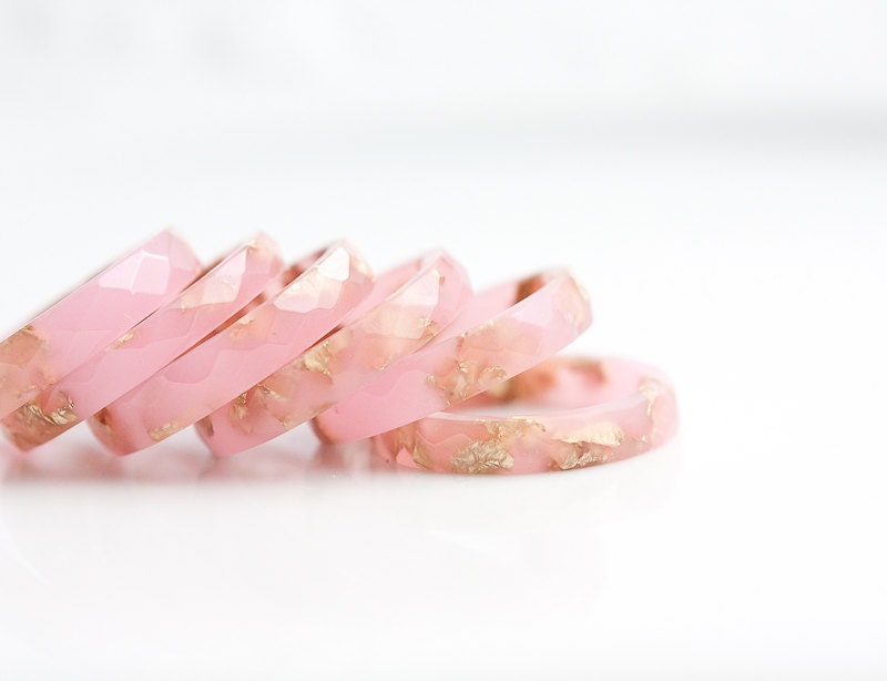 Resin Stacking Ring Baby Pink Yellow Gold Flakes Small Faceted Ring OOAK pastel peach pink minimalist jewelry rusteam