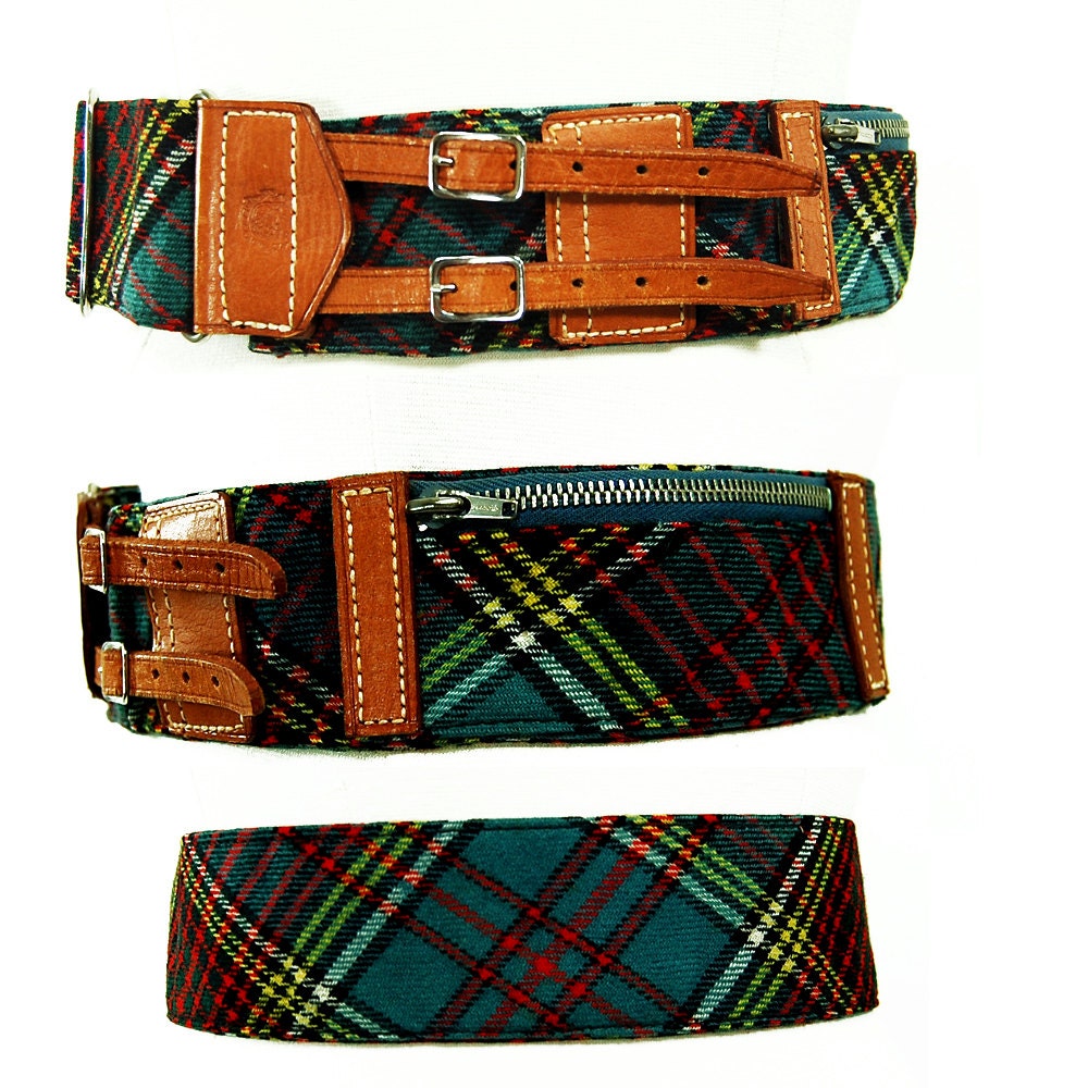 Vtg 60s Triminghams Plaid Tartan Belt  Zipper Pocket Bag Leather Double Strap S M