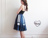 1970 square dance skirt . lace bow ties . navy blue white .large .sale