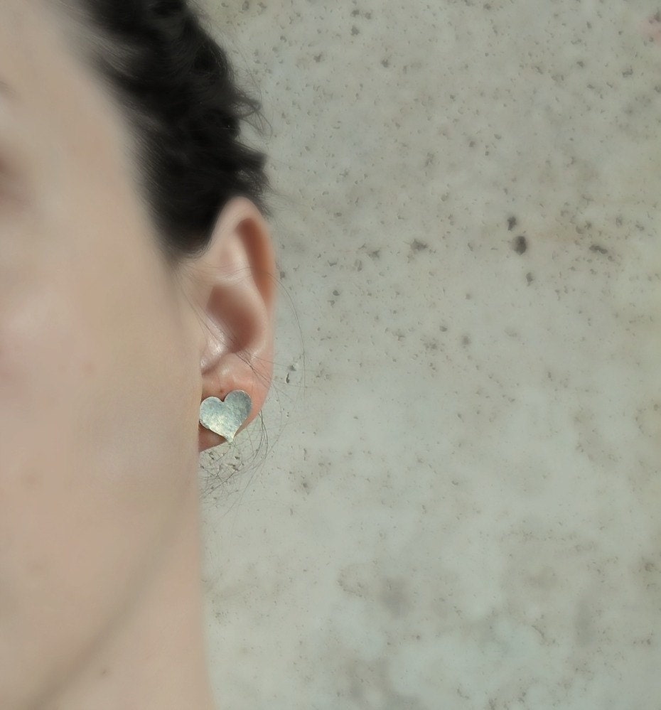 Big Sterling Hammered Hearts - Post Earrings - Spring Fashion - Rustic Love