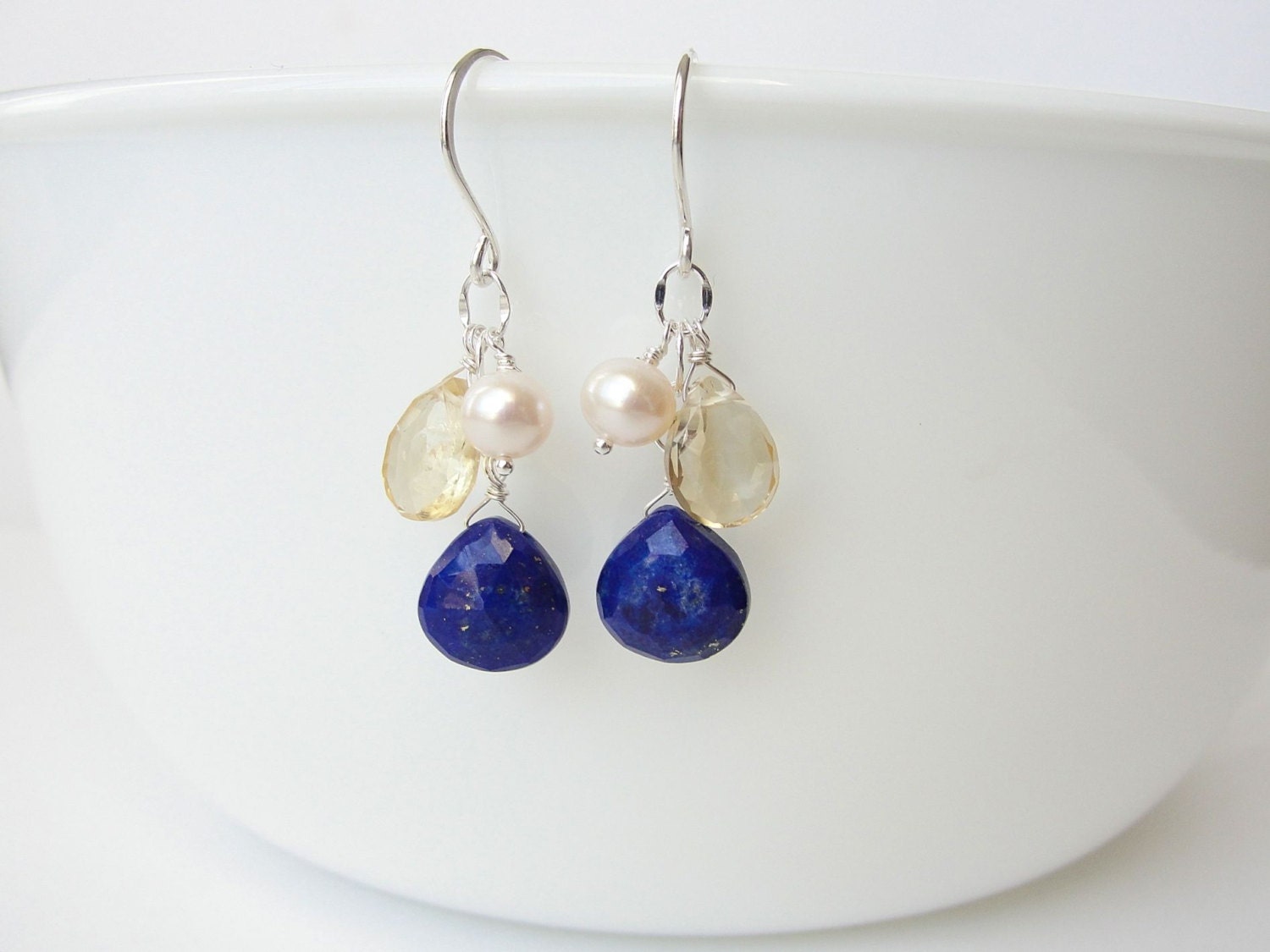 Lapis Earrings with Citrine and Pearls in Sterling Silver, Gemstone Drop Earrings, Multi Gemstone Jewelry