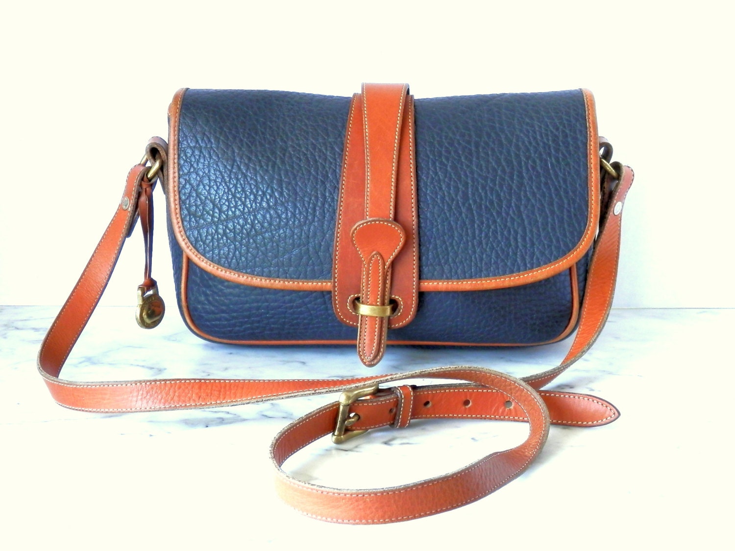 Dooney and Bourke Equestrian Cross Body Bag // Dark Midnight Blue and British Tan AWL