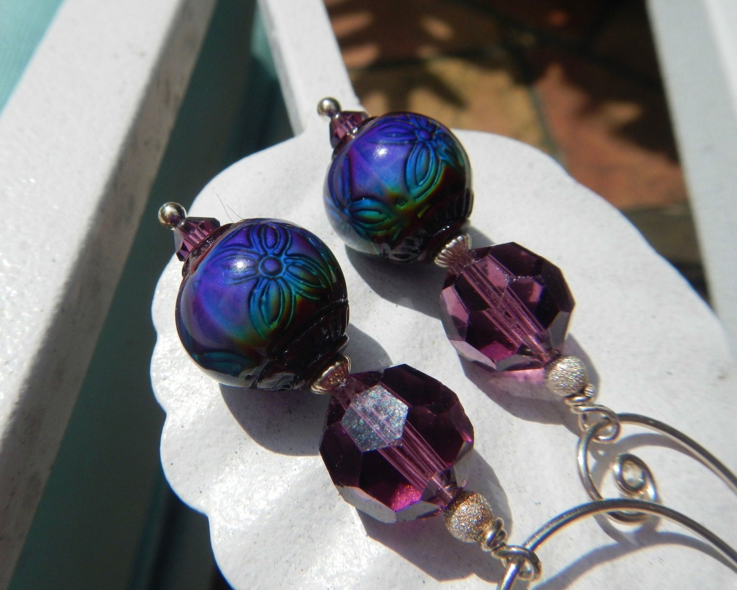 Feeling Purpley Earrings - Color-Changing Mood Beads w Heirloom Violet Crystals, Sterling Accents & Artist-Made Sterling Spiral Hoops