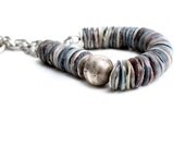 Shell Statement Necklace Asymmetrical Jewelry Silver Grey Heishi Metallic Earthy Strand Full Moon Luna Raw Chunky Gemstone Monochrome
