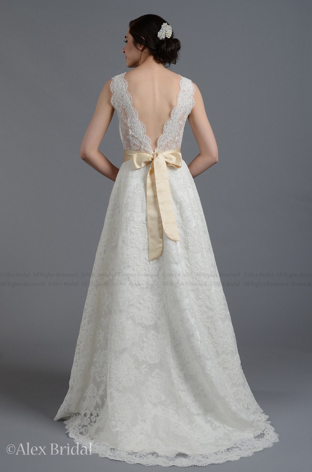 Ivory sleeveless lace wedding dress alencon lace with sash