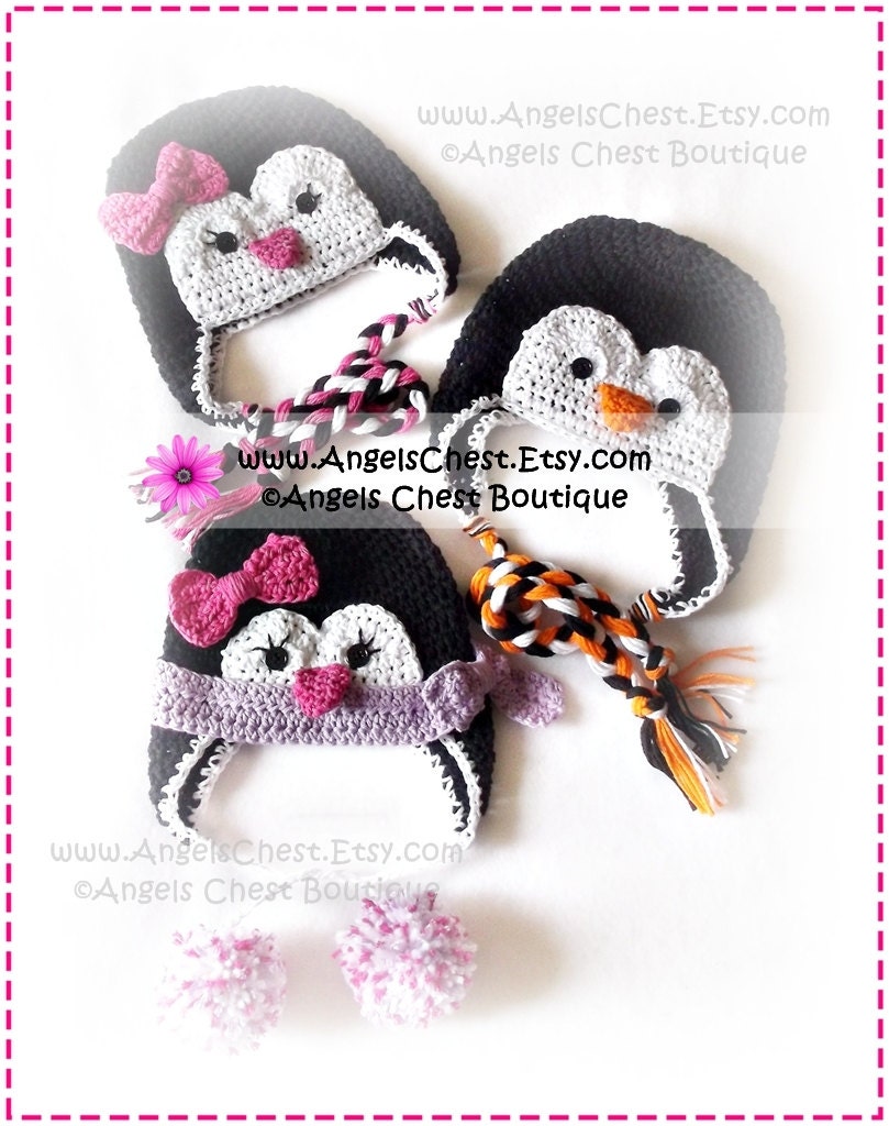 Cute PENGUIN Crochet Hat Earflap Pattern Size Newborn to Adult Boutique Design - No. 52 by AngelsChest