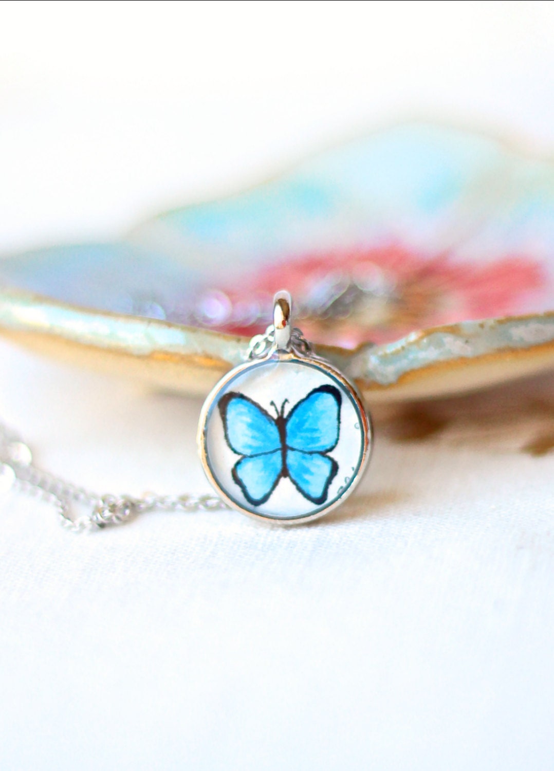 Blue Butterfly necklace small, morpho butterfly pendant, wearable art jewelry, spring garden charm, LIMITED EDITION