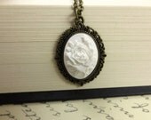 White Rose Necklace - Cameo Necklace, Victorian Necklace, Flower Necklace, Antiqued Bronze Necklace, Vintage Inspired Jewelry