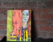 Girl With Tons of Selfies Acrylic painting 16 x 20 unframed painted sides ready to hang colorful shabby chic NY impressionistic