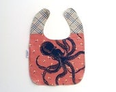 Snap Bib, Blue Red Octopus Pieced Screen Print, Eco Friendly, Nickel Free