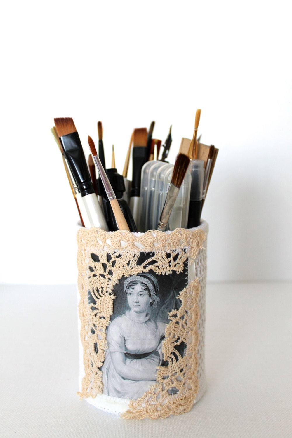 DESK ORGANIZER Jane Austen Anniversary of Pride and Prejudice Crochet  Pencil Holder Desk Accessory Handmade Literary Gift for Writers