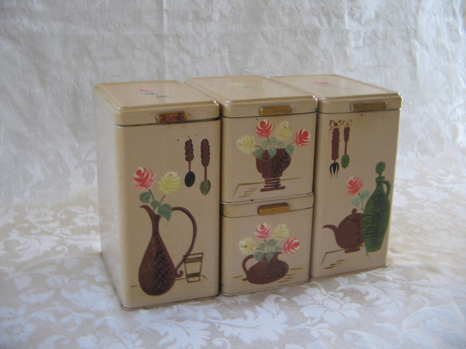 Ransburg Canister Set "Gourmet" Mid Century Modern Metal MAD MEN Tan Beige Mocha Brown, Retro Ktchen Storage