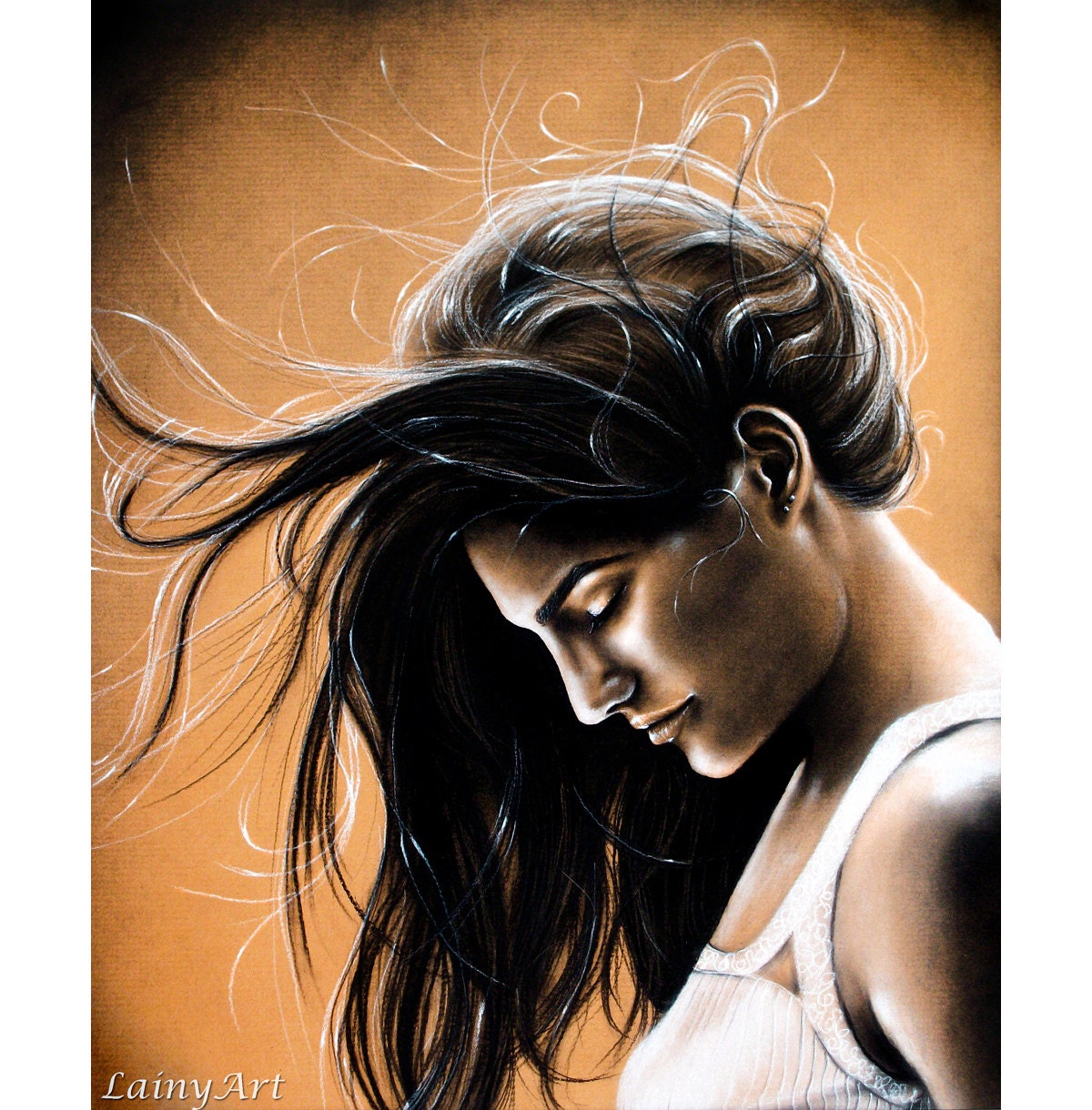 Luminosus - 11x14 Stretched Canvas Print - Ready to Hang - wind, windy, sepia, woman, hair, portrait