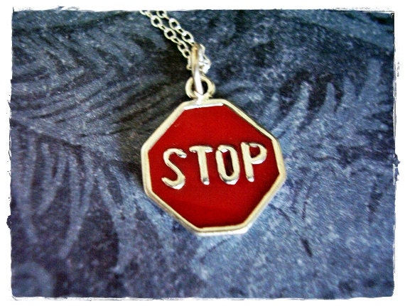 Tiny Stop Sign Necklace - Sterling Silver Stop Sign Charm on a Delicate 18 Inch Sterling Silver Cable Chain