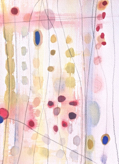Color Study 16 -Minimal Modern-Original Watercolor on Archival Paper-Yellow Green-Cherry Red and Pinks-Bit of Pale Blue and Lavender