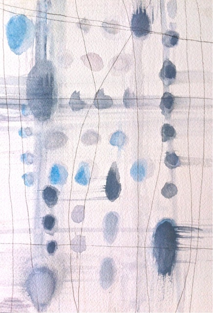 Color Study 17-Abstract Watercolor on Archival Paper-Modern- Organic-Blues-Pale Blue Grays-SkyBlue-Dab of Pale Lilac-White Background- Sepia