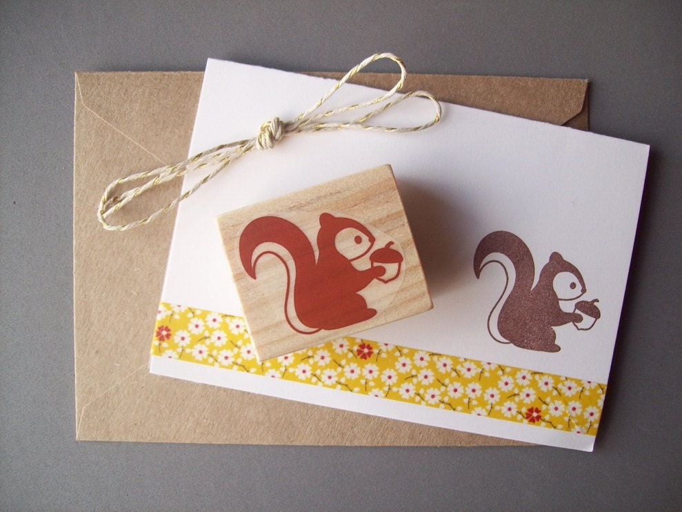 NEW Squirrel Rubber Stamp with Acorn- Woodland Forest Autumn Animal Stamp