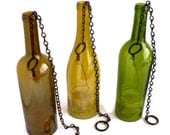 Three Glass Wine Bottle Candle Holder Hanging Hurricane Lanterns Green Olive Gold