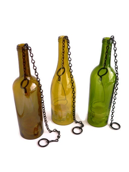 Three Glass Wine Bottle Candle Holder Hanging Hurricane Lanterns Green Olive Gold