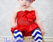 5 Piece Head to Toe Lil Miss Patriotic Set - Perfect 4th of July Photo Shoot Outfit - Bloomers/Top/OTT Hairbow / Chevron Leg Warmers