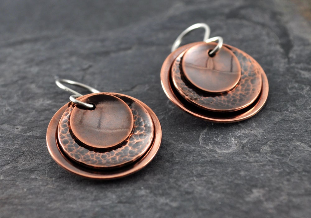 Round Hammered Copper Earrings with Layered Circles, Handmade Metal Jewelry