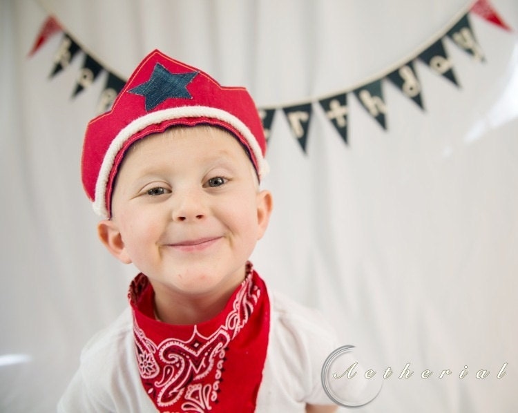 Cowboy Banner, Crown, and Bandana Birthday Set -  Party Decorations - Fabric Birthday Flags - Birthday Hat