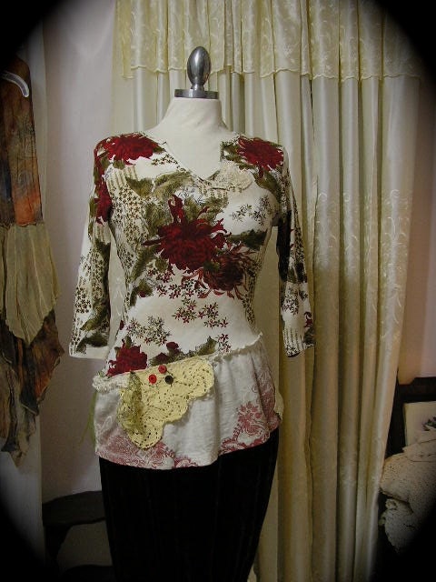 Upcycled Altered Shirt, shabby refashioned tattered cotton print clothing, womens MEDIUM