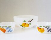 Fire King Fruits Set of Two Round Custard Cups and Mixing Bowl by Gay Fad Studios for Anchor Hocking