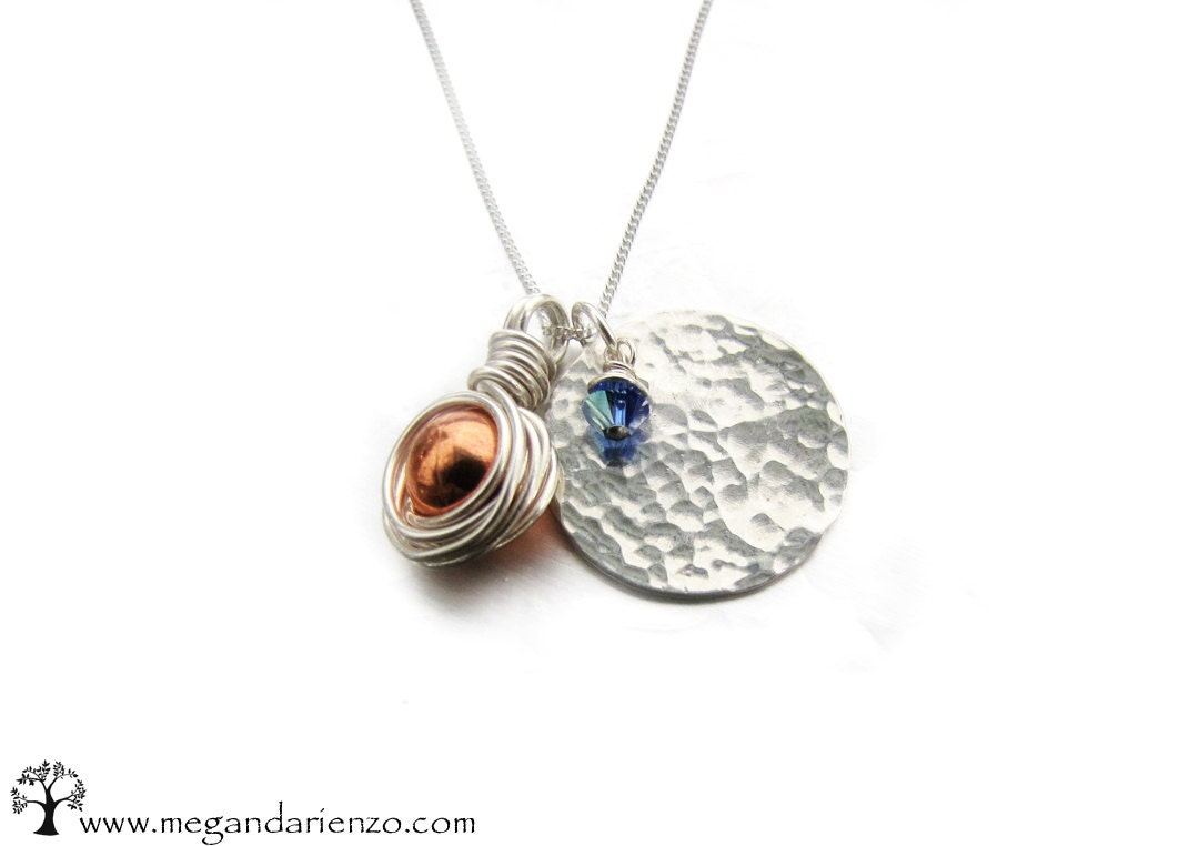 Birthstone Necklace, Modern Mother's Necklace, Hammered Silver Disc and Copper Wire Wrapped Charm Necklace