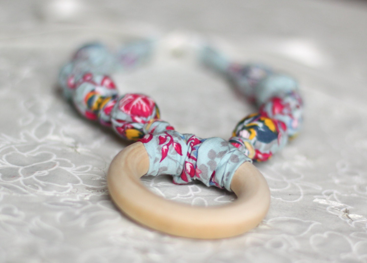 Teething Ring Necklace for Breastfeeding/Nursing Necklace, Teething Necklace, Babywearing, Fabric Necklace, Blue Floral