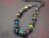 LGBT Aspie Autism Chakra Necklace - Crimson Red Orange Yellow Emerald Green Turquoise Blue Indigo Violet Lavender - Rainbow in Black