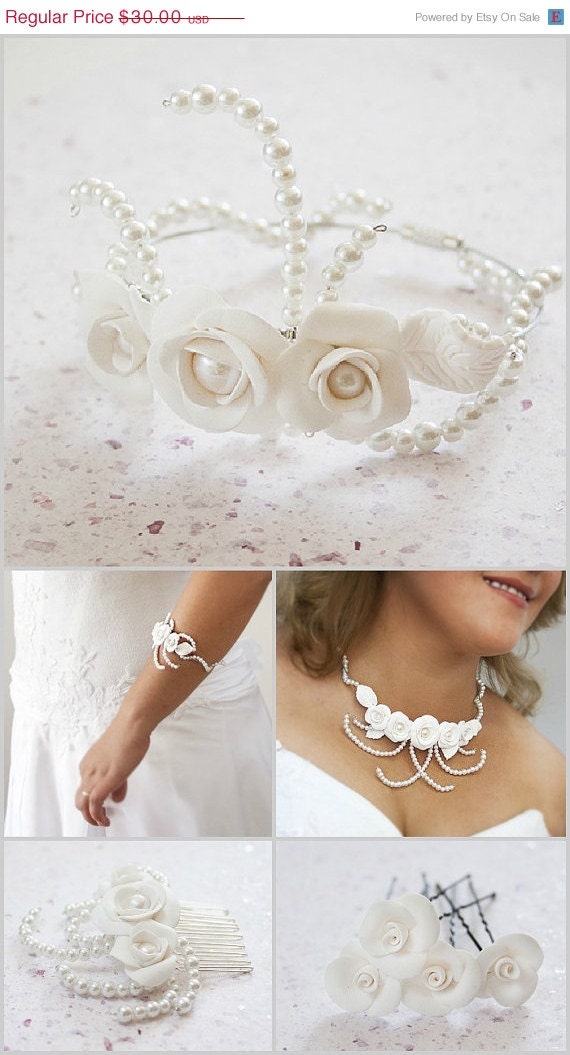 Wedding rose bracelet Bridal White Roses and pearls bracelet classic wedding jewelry accessories Israel