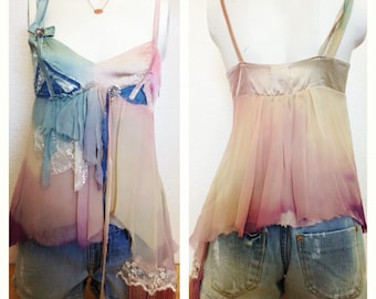 Cigana Silk OMBRE denim lace tassel floral multi color VINTAGE boho gypsy tank top cami