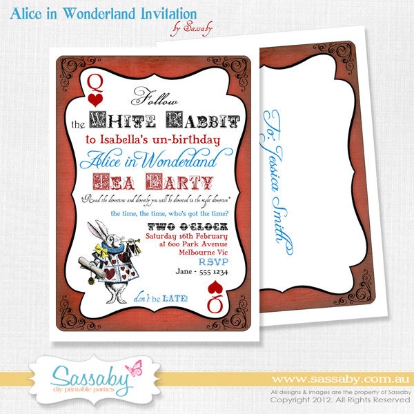 Alice in Wonderland Girls Party Invitation - Girls Birthday - DIY PRINTABLE FILE by Sassaby