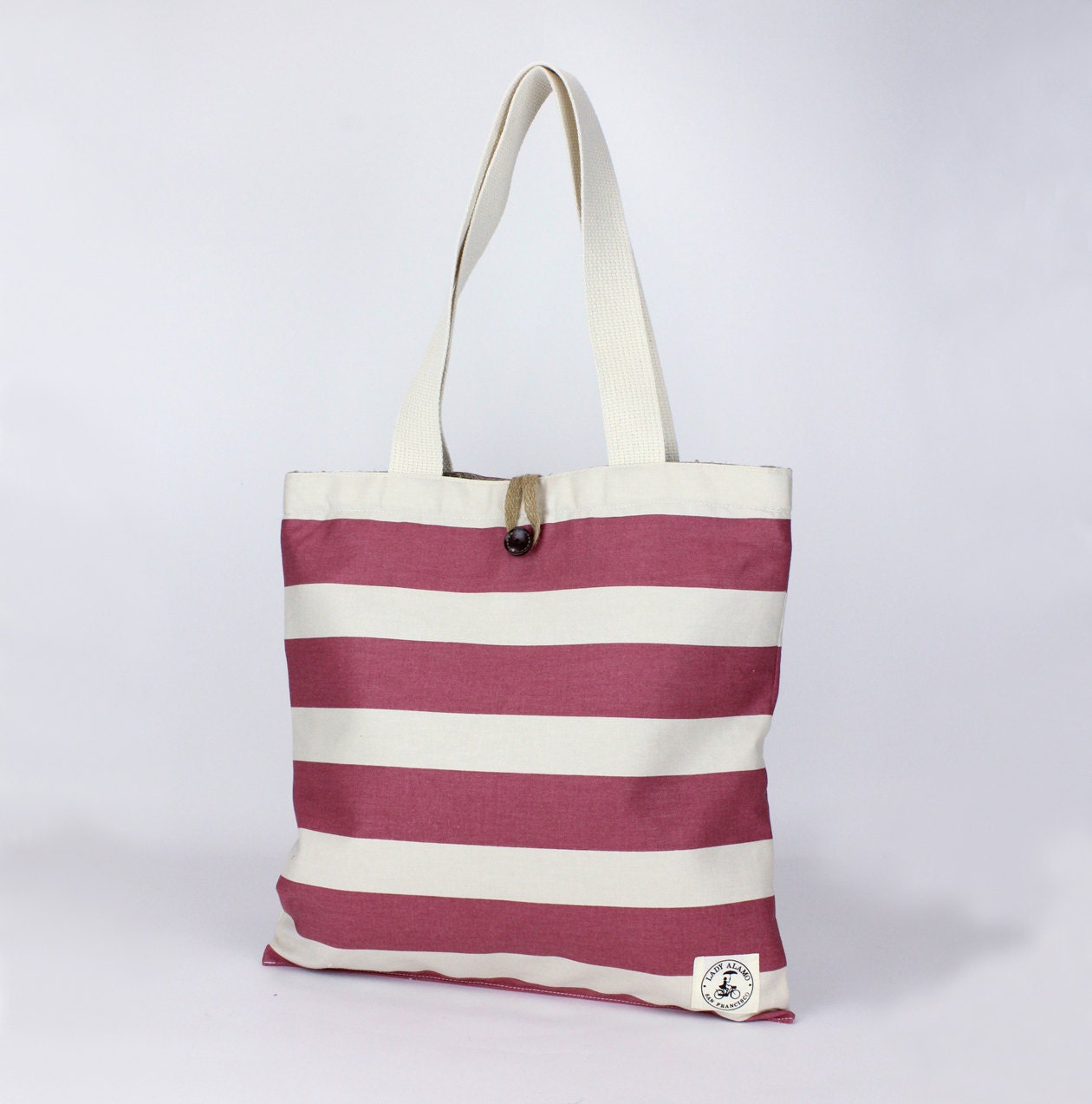 Reversible Jute BurlpTote Bag - Dusty Rose Stripes & Natural Burlap