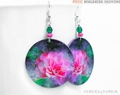 Fuchsia Pink Flower Earrings FREE SHIPPING  dangle  Round decoupage earrings Floral motif ,  gift for her under 25