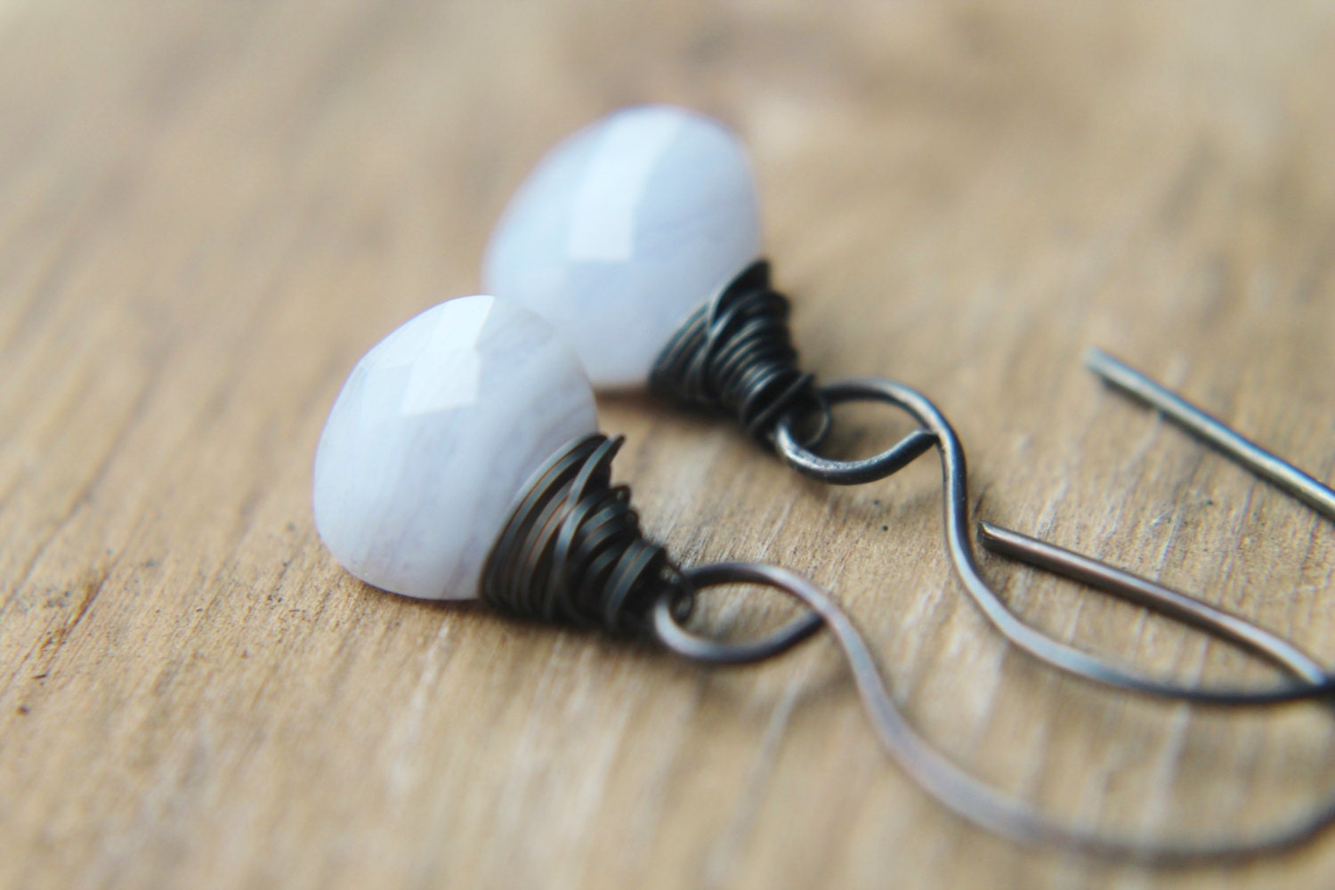 Lace Agate Earrings - Light Blue Oxidized Sterling Silver Wire Wrapped Gemstone Long Drop Handmade Simplistic Jewelry For Her.