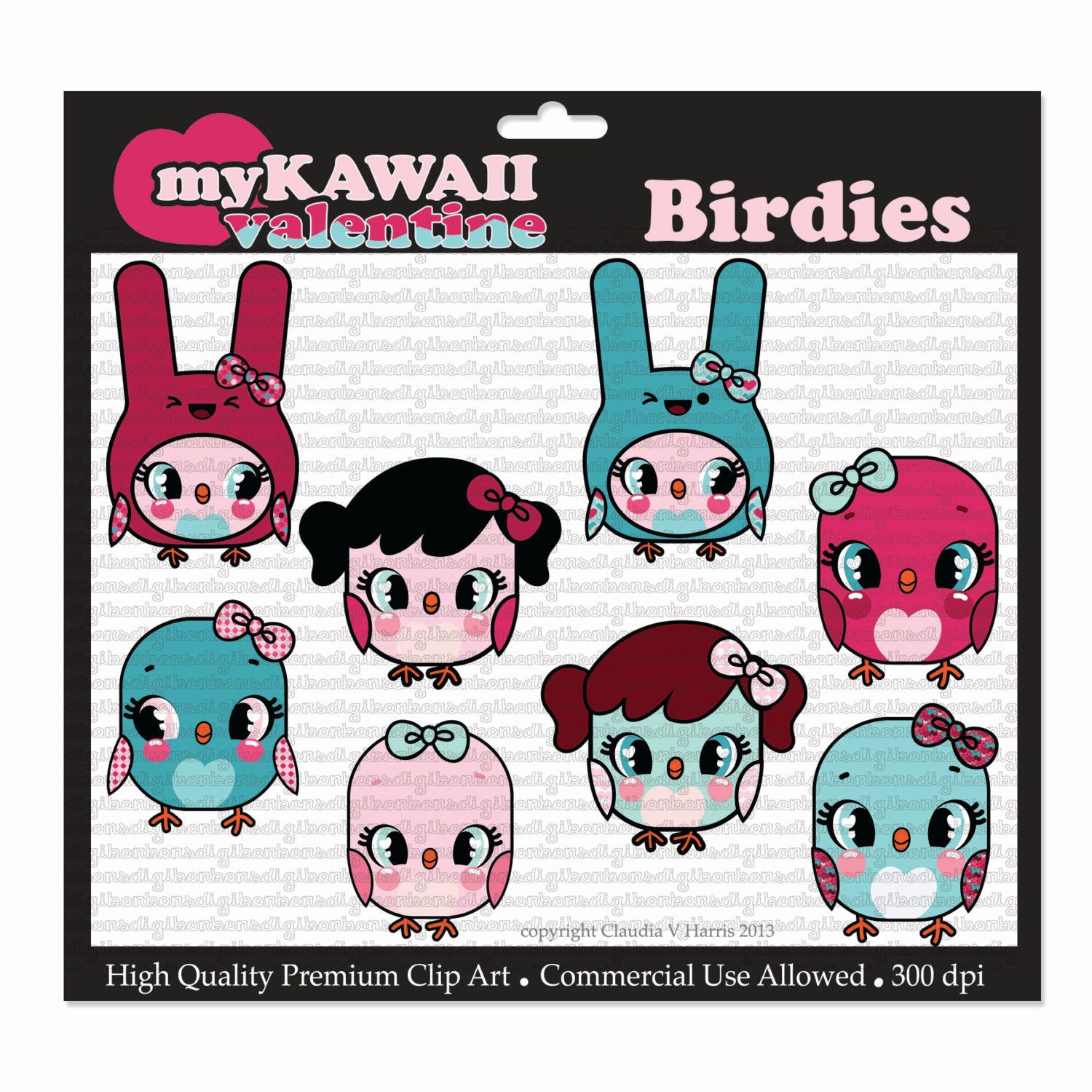 Valentines Day Kawaii Birds Digital Clip Art Clipart. Love Story Colors. Japanese cartoon. Commercial Use and Personal Use