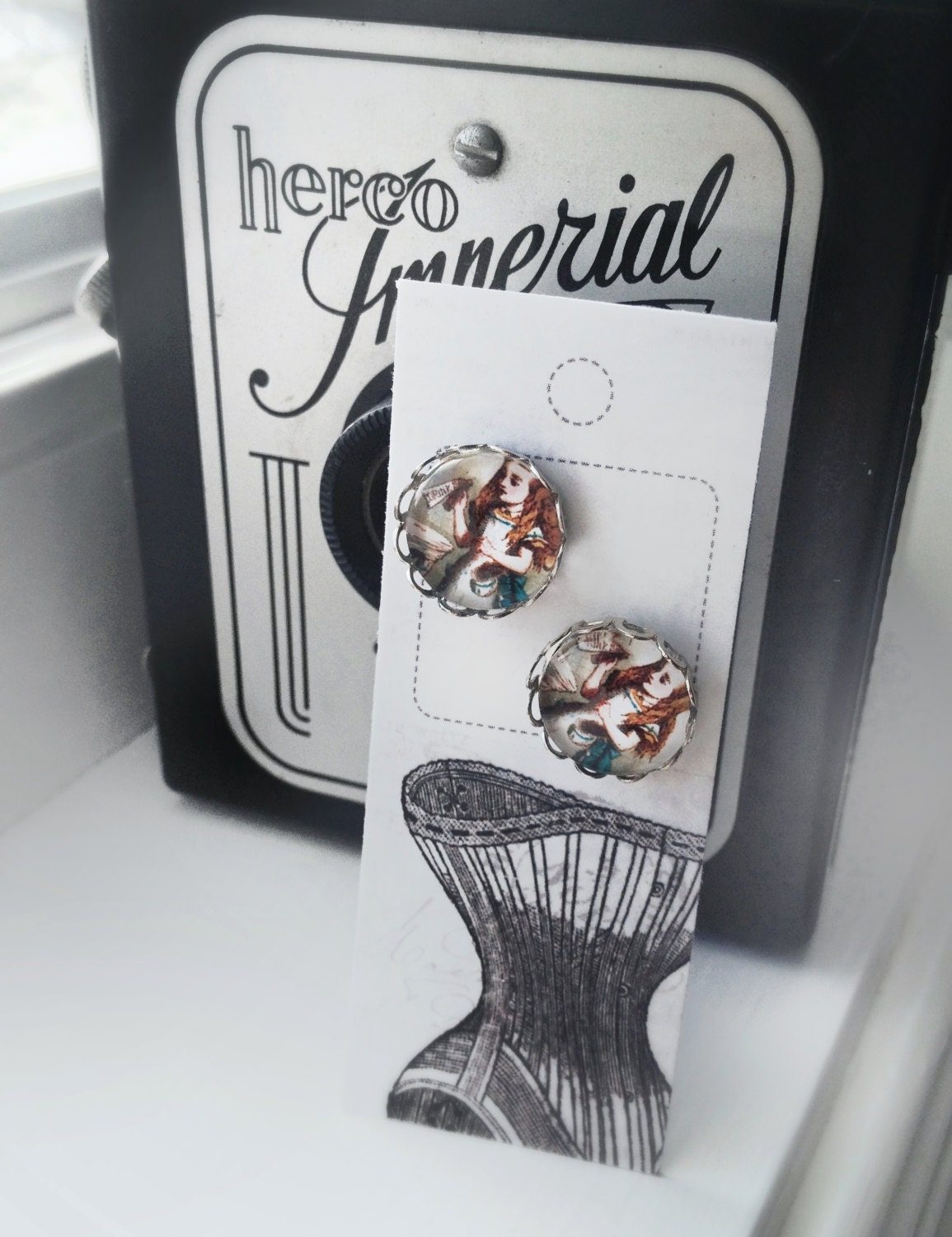 Alice in Wonderland Earrings, Silver Lace Filigree Hypoallergenic, Cabochon Studs, Boho Chic Drink Me Earrings