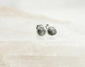 Small Labradorite Stud Earrings - Sterling Silver Wire Wrapped Gray Gemstone Rounds - Magic, Meditation, Healing