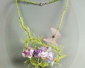 Whimsical textile butterfly necklace for spring wedding. Unique fiber art fairy jewelry made of linen with lily flowers.