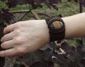 Micro Macrame Bracelet with Tiger's Eye Stone/ Cabochon/ Adjustable Cuff