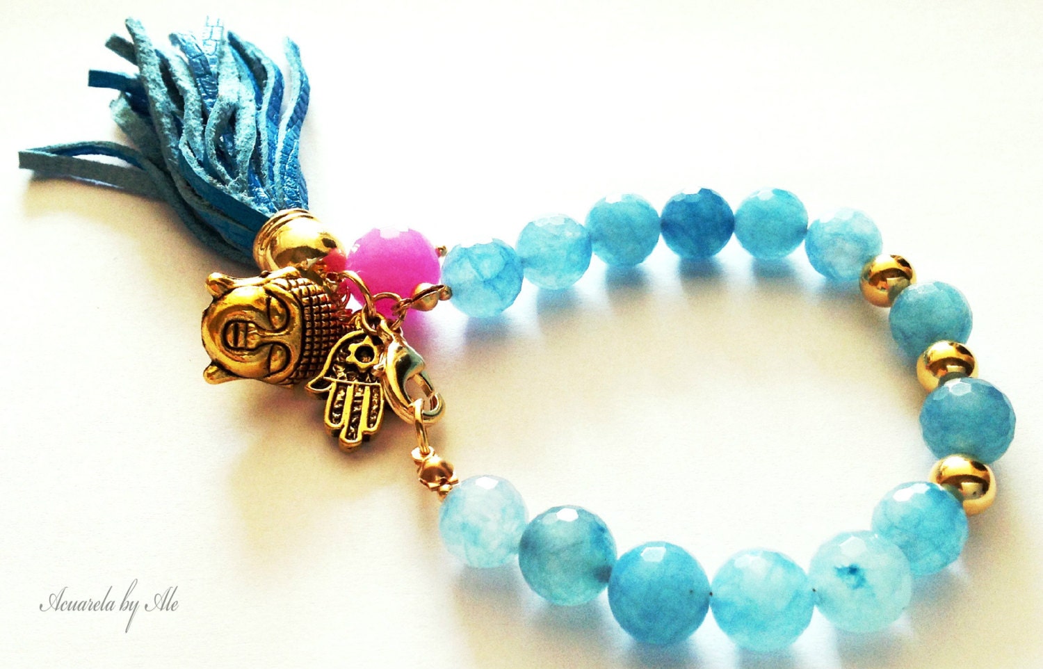 Aqua bracelet. Tassel bracelet. Healing hand and Buddha bracelet. Acuarela.