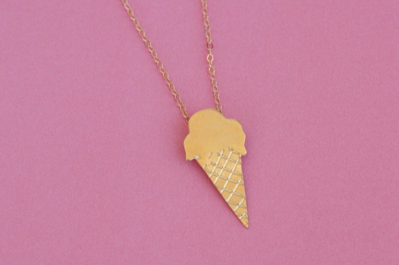 Ice Cream Necklace, Gold Pendant Necklace, Gift fot Teenage Girl, Cute Jewelry, Cone Charm- Free Shipping