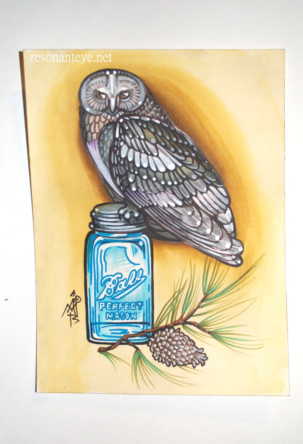 mason jar owl art: tattoo painting, brown owl perched on mason jar with pine needles, oregon, pnw, cascadia, hipster